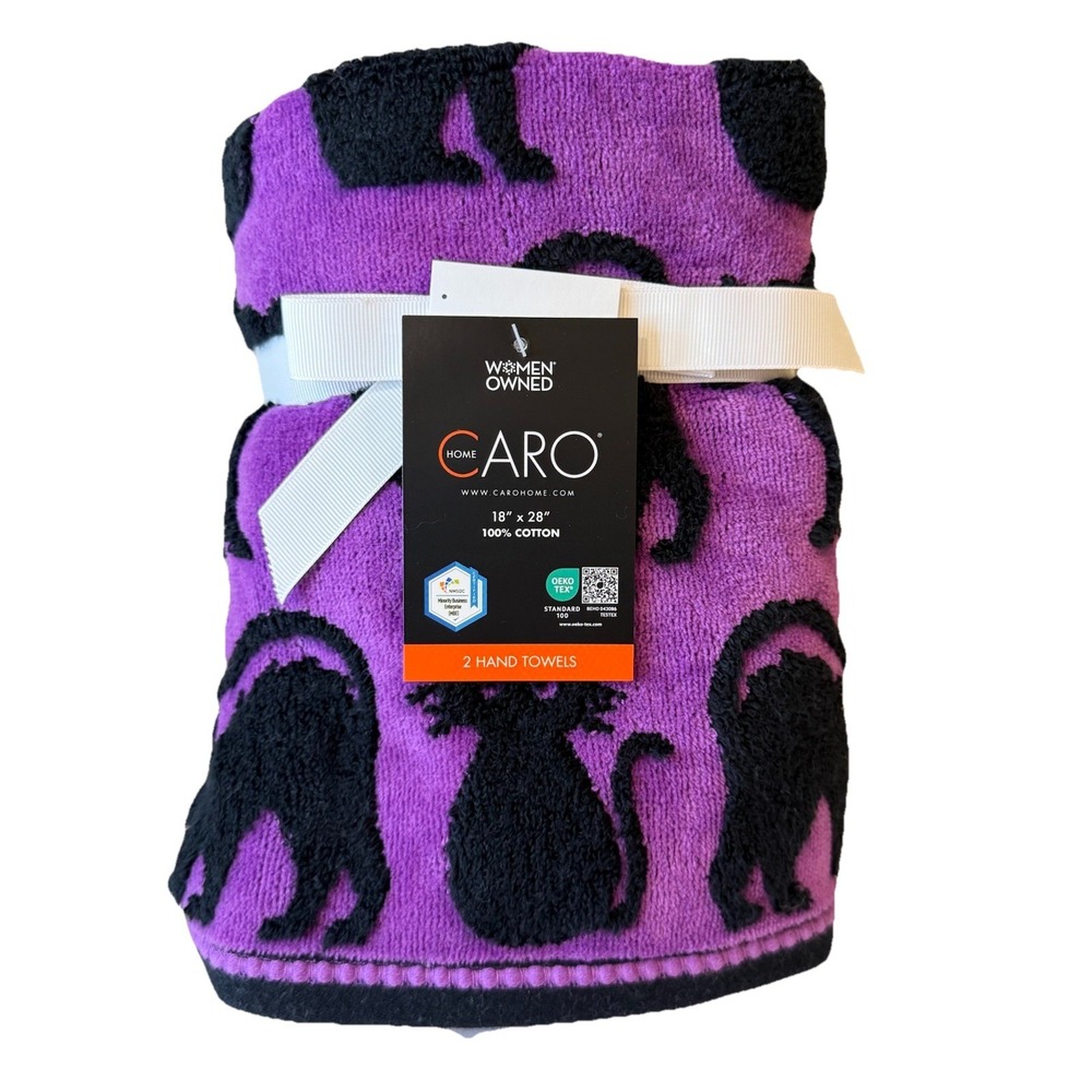 CARO Home Halloween Black‎ Cat Hand Towels Set of 2 NEW!